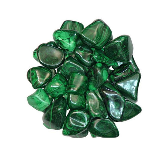 A pile of polished green malachite gemstone stones with natural banding, displayed on a clean white background.