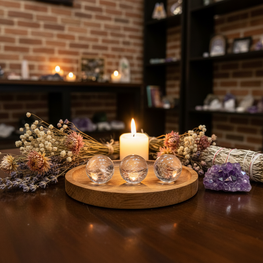 Mini polished Clear Quartz spheres displayed in a calm styled setting