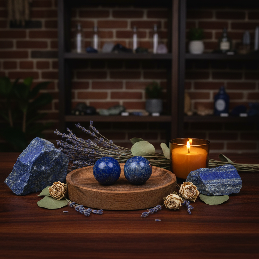 Mini polished deep blue Lapis Lazuli spheres displayed in a calm styled setting