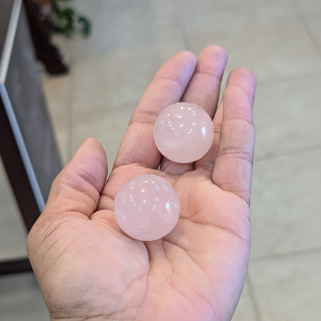 Mini polished pink Rose Quartz spheres held in hand to show approximate scale