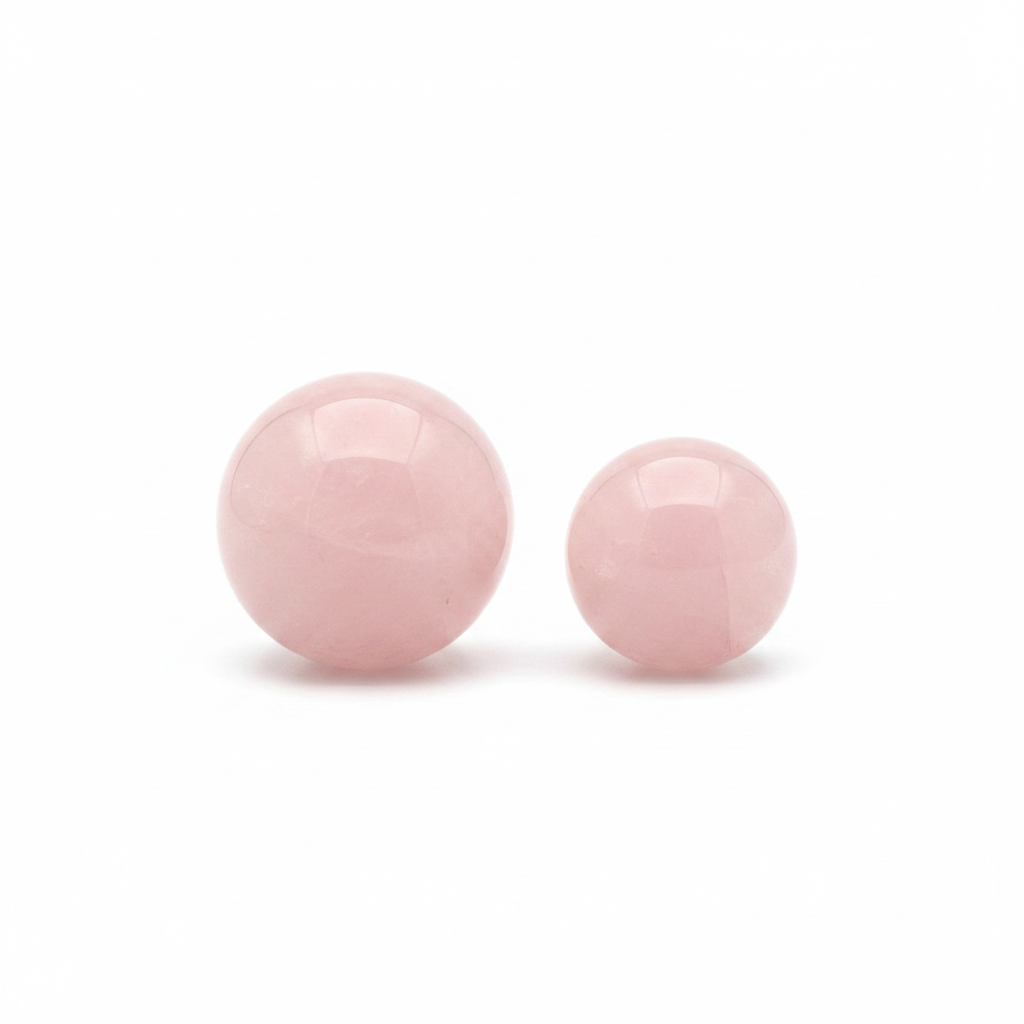 Mini polished pink Rose Quartz spheres on a clean light background