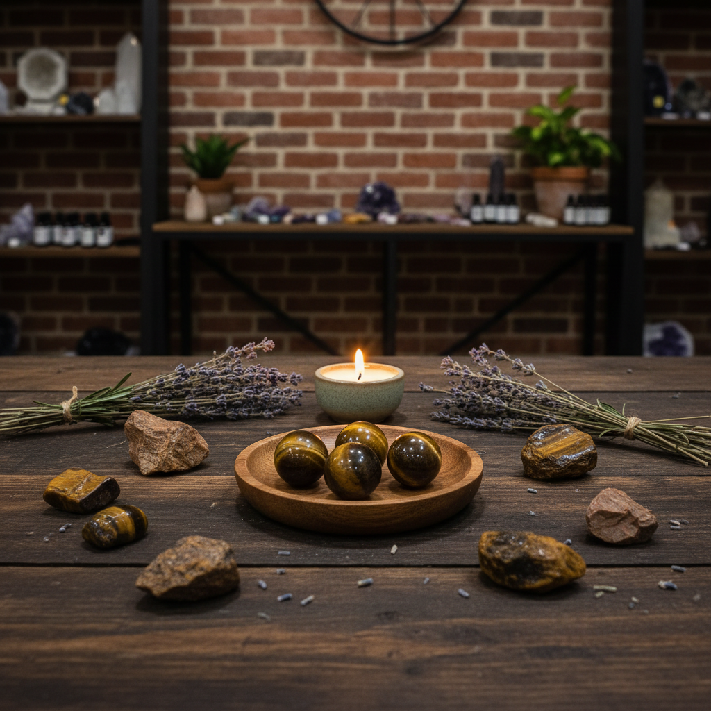 Mini polished golden-brown Tiger’s Eye spheres displayed in a calm styled setting
