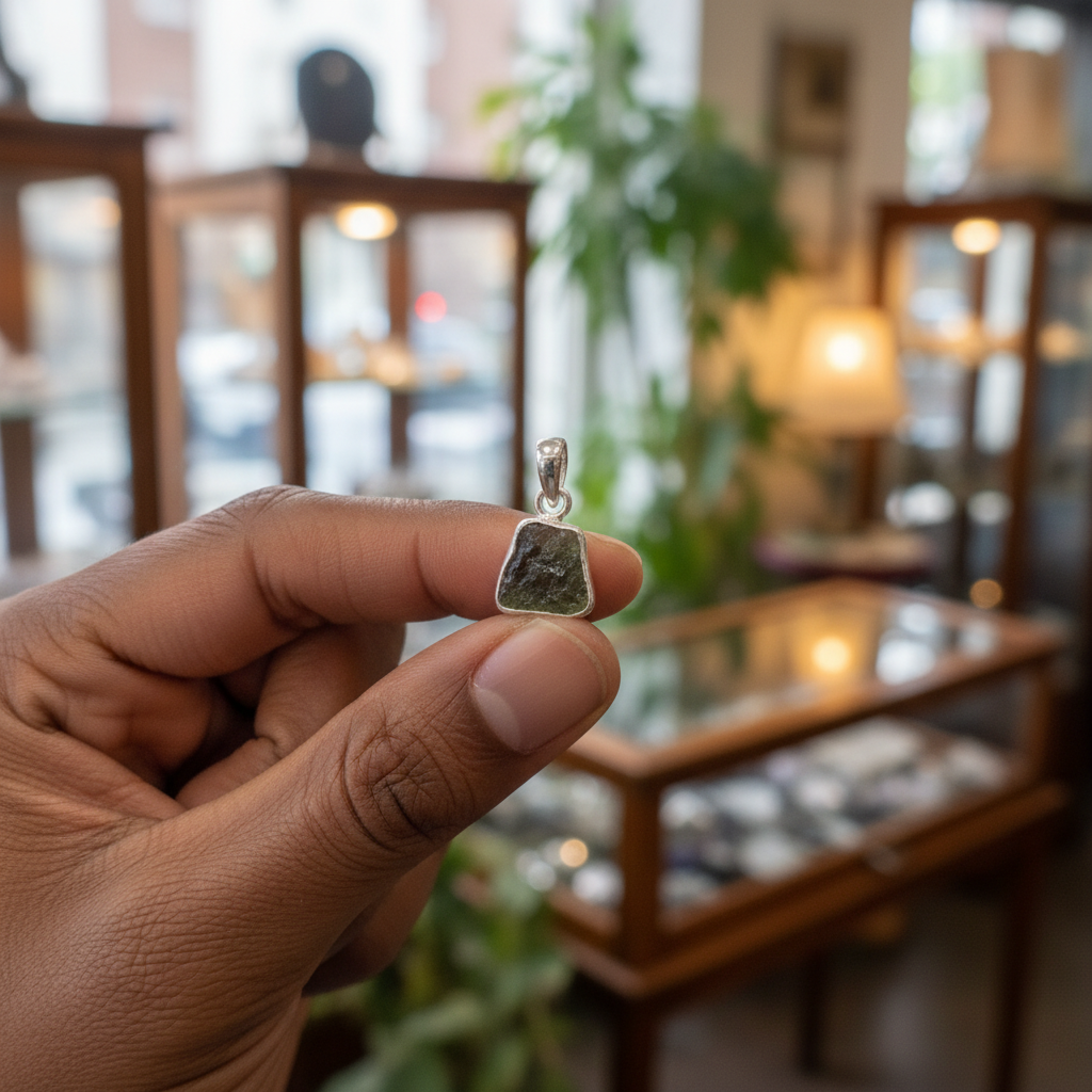 Natural Moldavite sterling silver pendant displayed in a styled setting