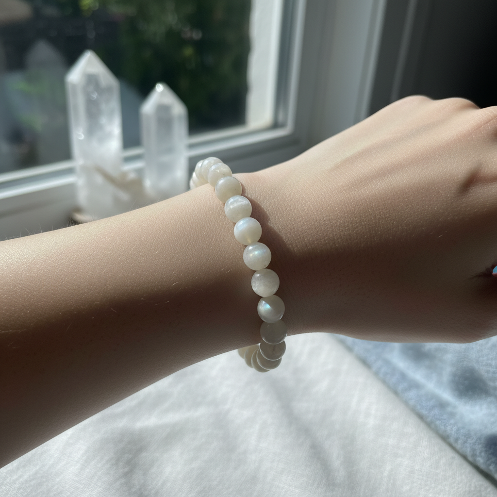 Moonstone 8mm beaded bracelet styled in a calm lifestyle setting