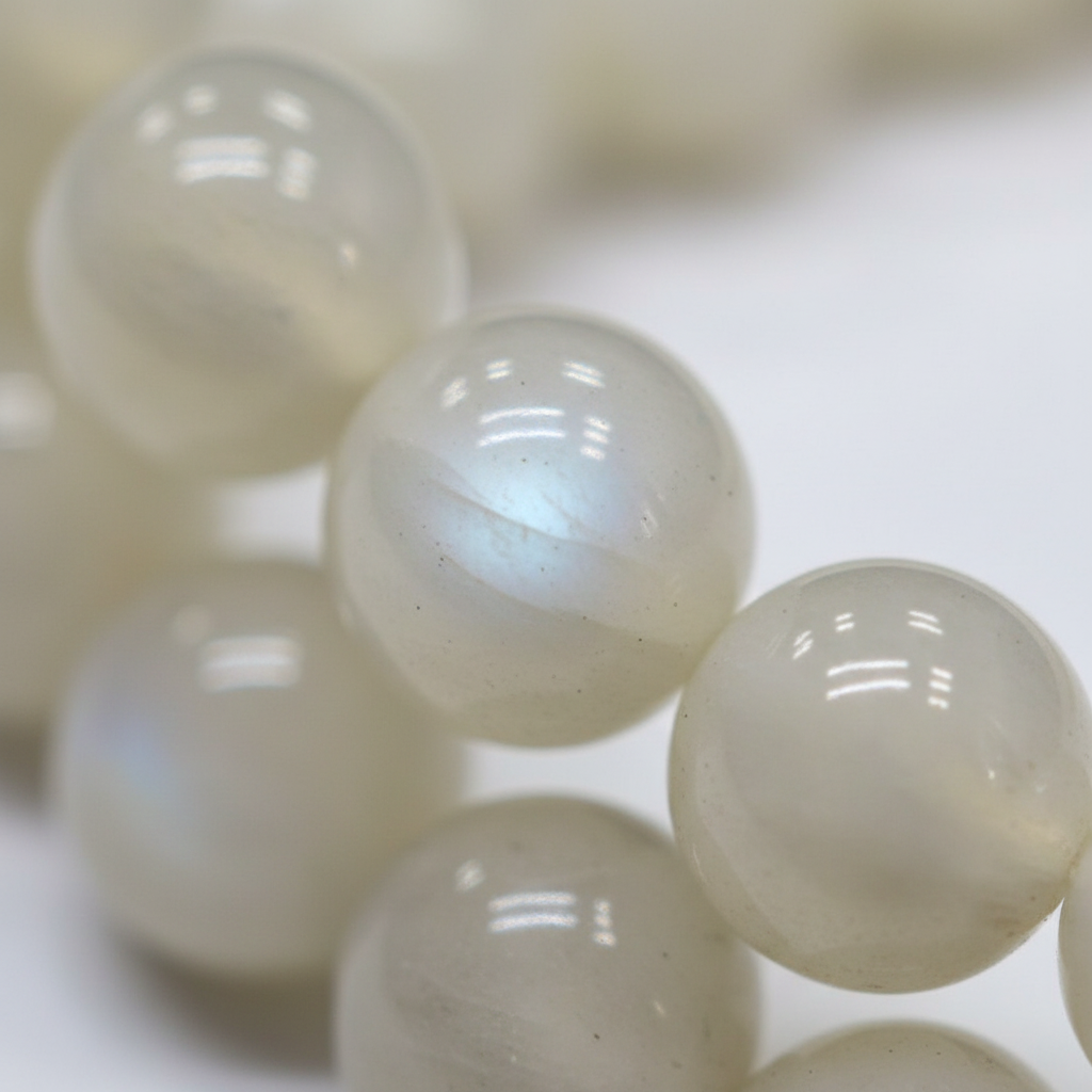 Close-up view of the milky white color and natural texture of Moonstone 8mm beads
