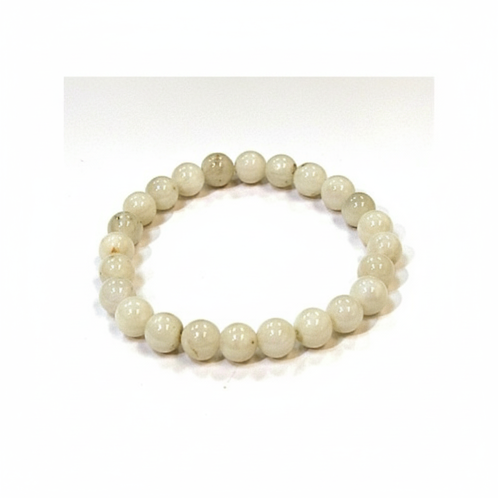 Moonstone 8mm stretch bracelet with milky white natural stone beads on a white background