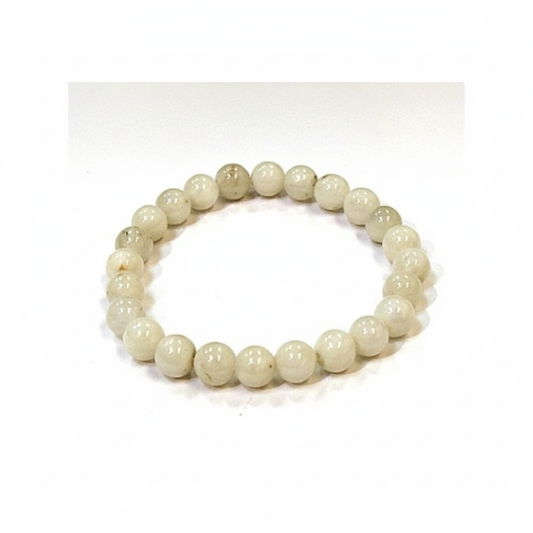 Moonstone 8mm stretch bracelet with milky white natural stone beads on a white background