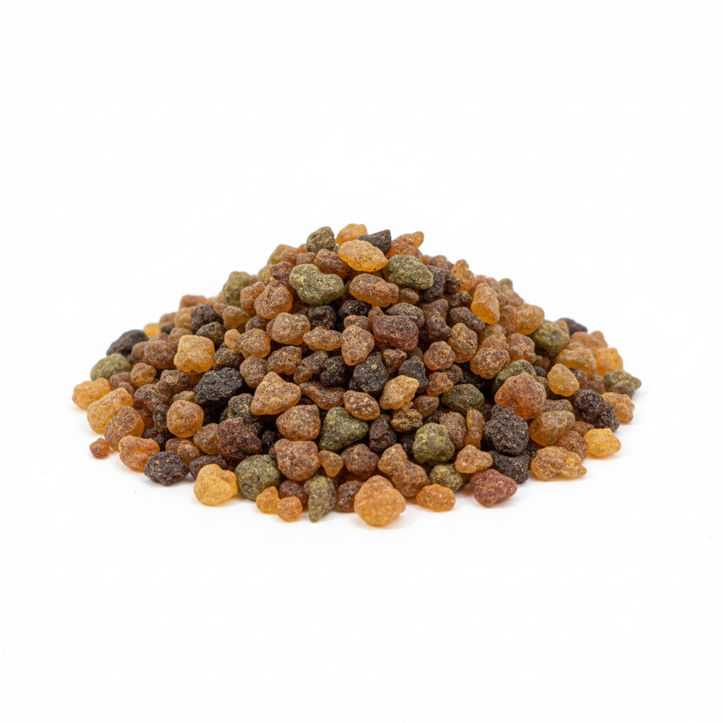 Natural Myrrh resin pieces on a white background