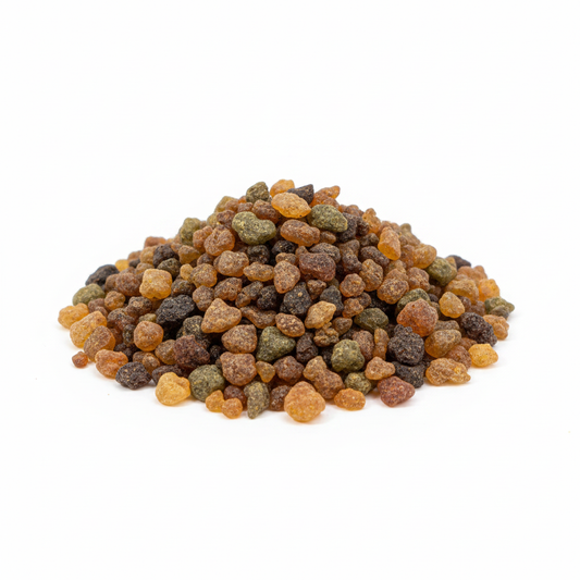 Natural Myrrh resin pieces on a white background