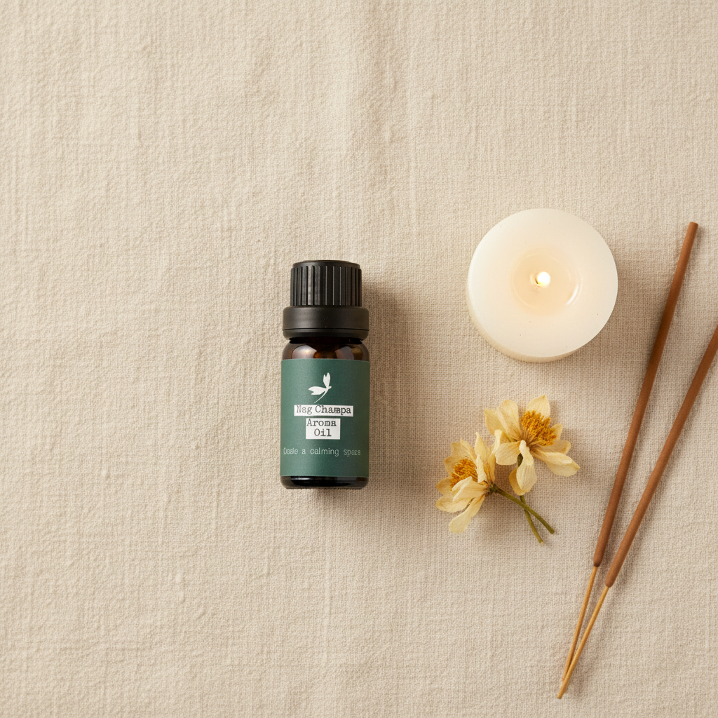 Overhead flat-lay view of Prana Blessings Nag Champa Aroma Oil 10 mL bottle