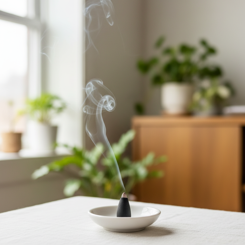 Nag Champa incense cone burning in a peaceful meditation setting