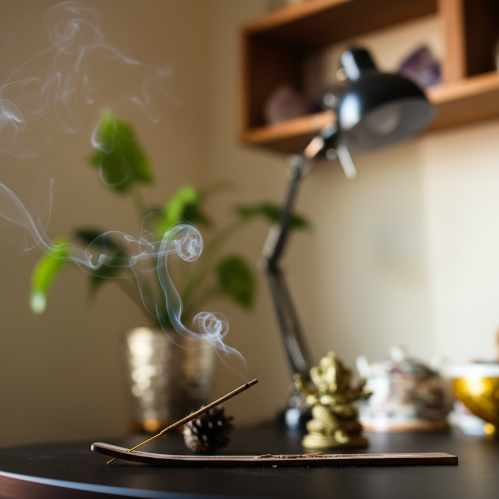 Hand-dipped incense burning in a calm meditation setting