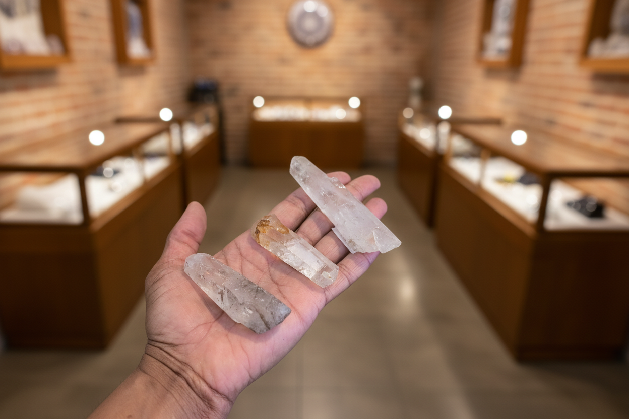 2"- 4" Natural Quartz Points held in hand to show approximate scale