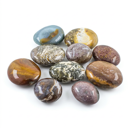 Assorted polished Ocean Jasper gallet palm stones on white