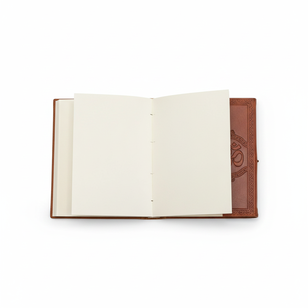 Om leather journal open to blank cream pages on a white background