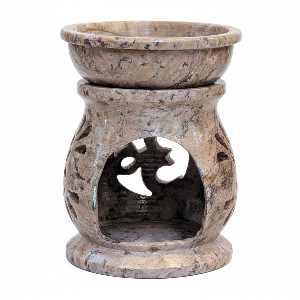 Carved Om soapstone aroma oil burner viewed from the front