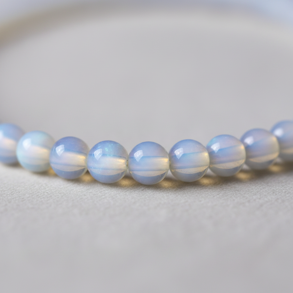 Close-up view of the luminous blue and milky tones of Opalite 4mm glass beads