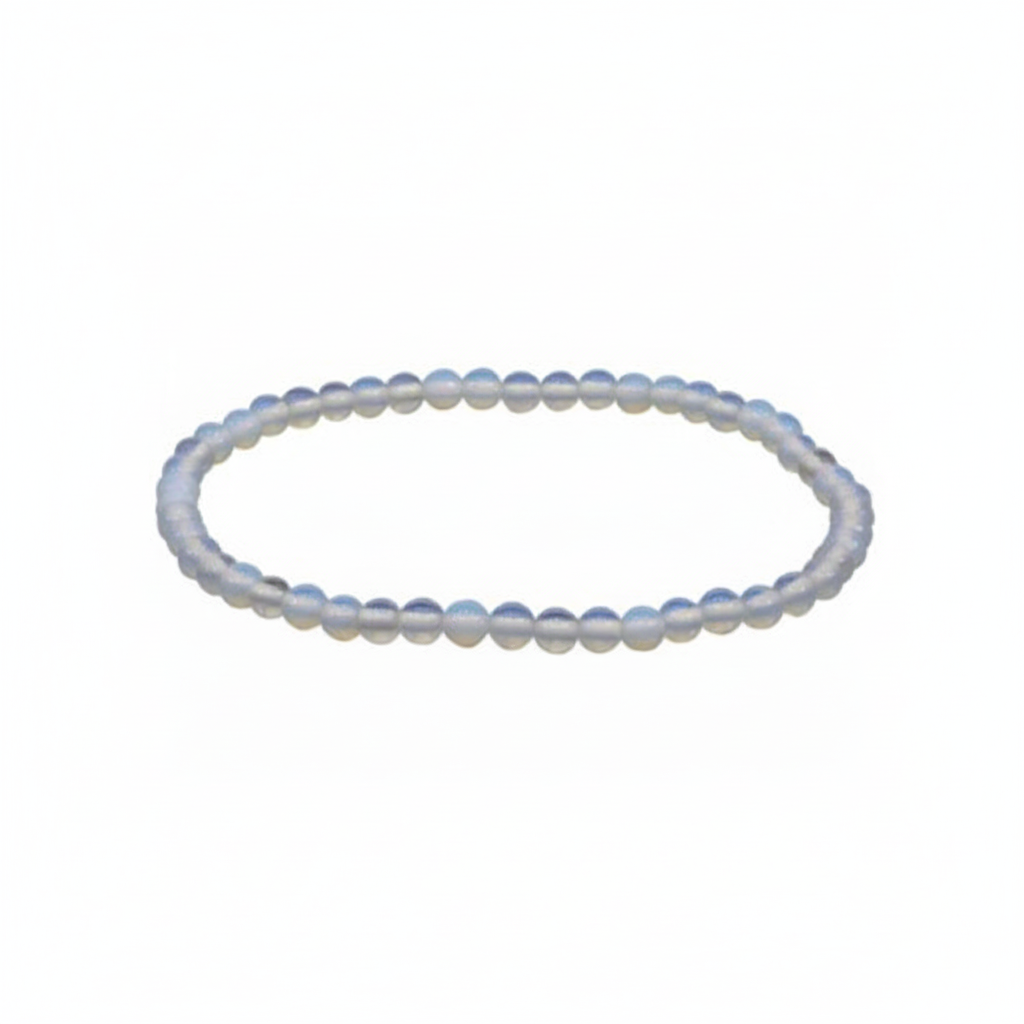 Opalite 4mm stretch bracelet with luminous opalescent glass beads on a white background