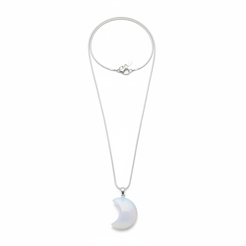Luminous Opalite crescent moon pendant with chain on a white background