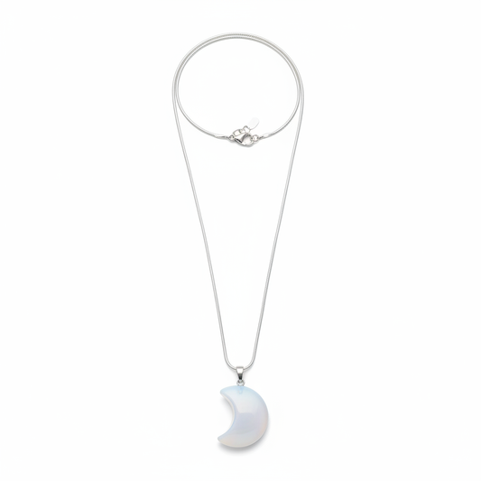 Luminous Opalite crescent moon pendant with chain on a white background