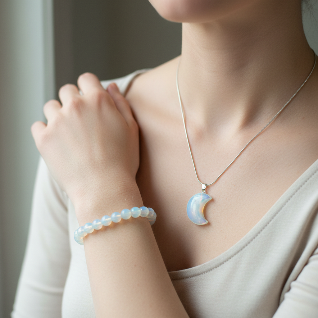 Opalite crescent moon pendant and bracelet set styled in a calm lifestyle setting
