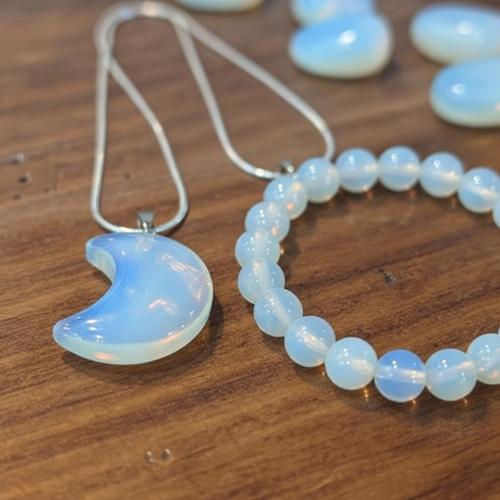 Close-up view of luminous Opalite crescent moon pendant and bracelet beads