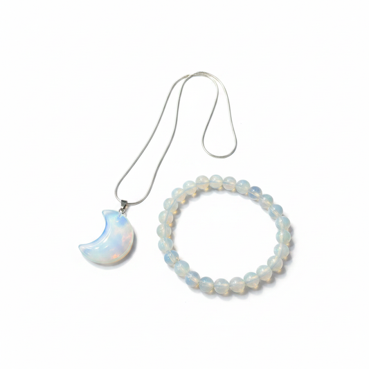 Opalite crescent moon pendant and beaded bracelet set on a white background