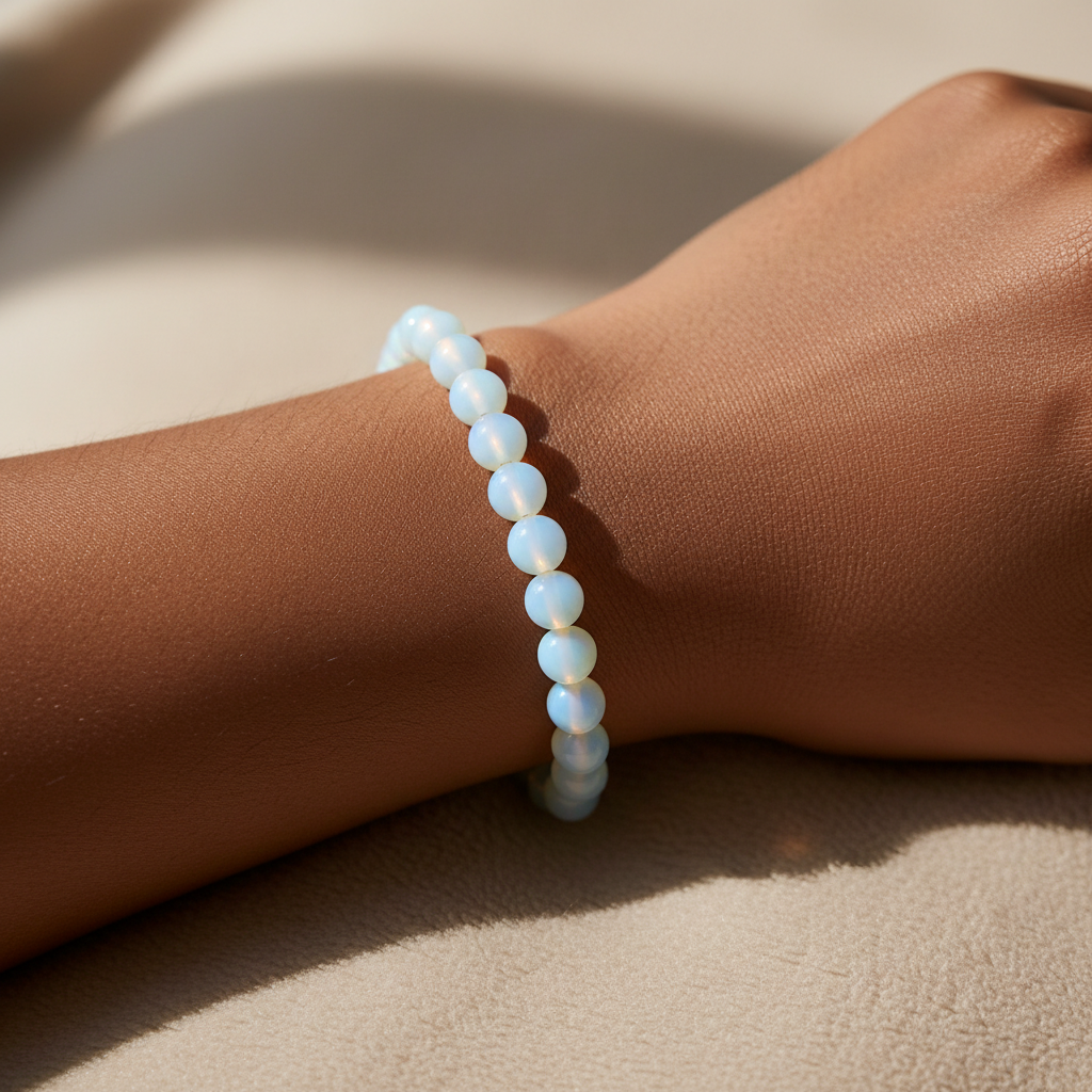 Opalite 8mm beaded bracelet styled in a calm lifestyle setting