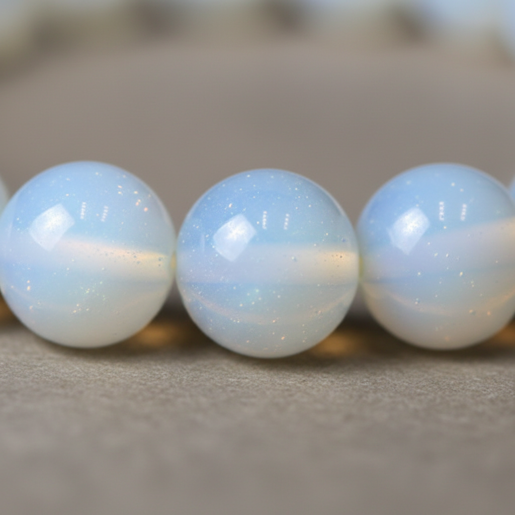 Close-up view of the luminous blue and milky tones of Opalite 8mm glass beads
