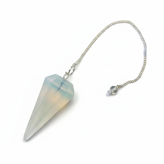 Opalite pendulum with opalescent glass point on a white background