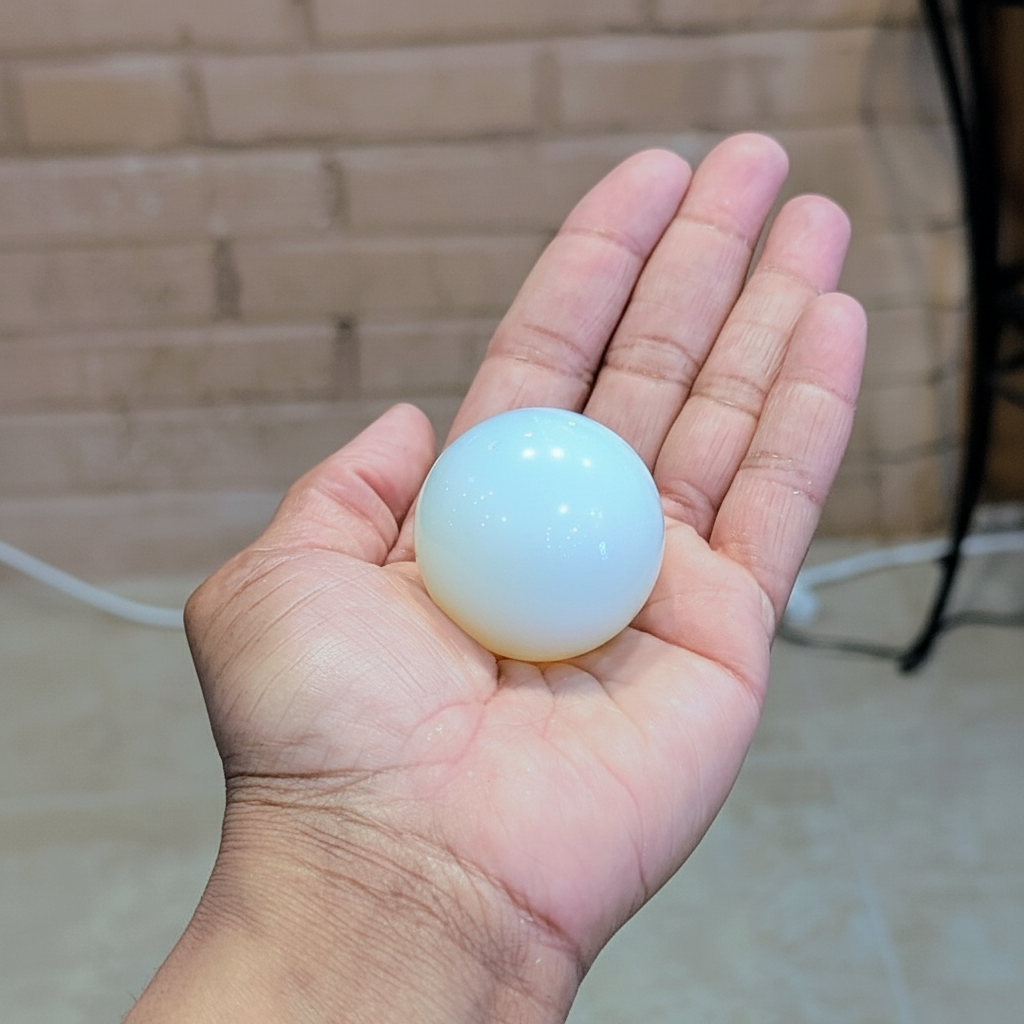 Luminous polished 1.5-inch Opalite sphere held in hand to show approximate scale