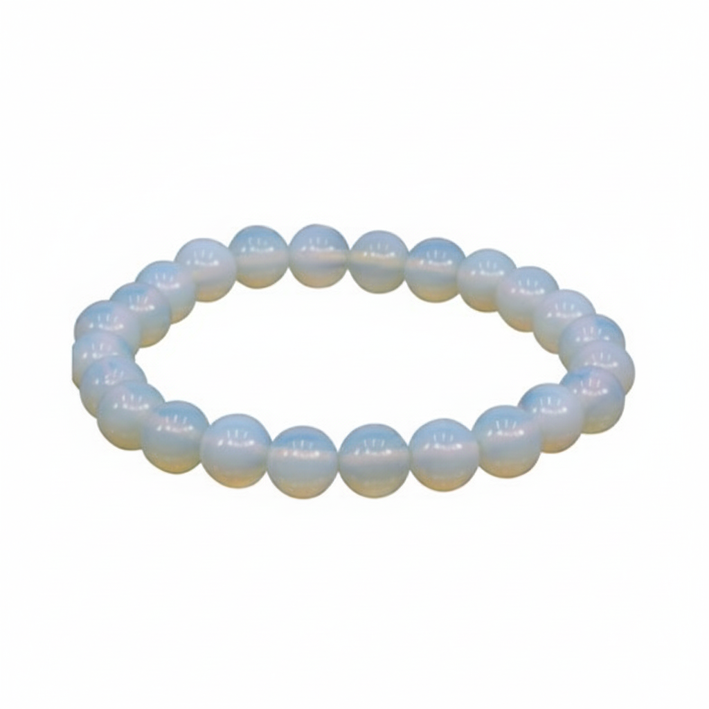 Opalite 8mm stretch bracelet with luminous opalescent glass beads on a white background