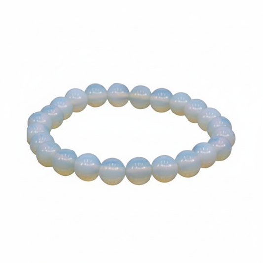 Opalite 8mm stretch bracelet with luminous opalescent glass beads on a white background
