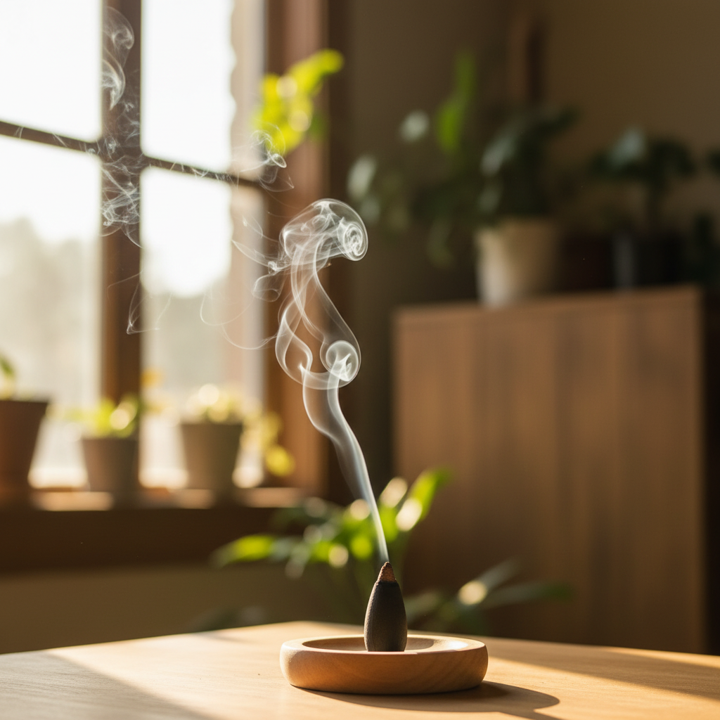 Palo Santo incense cone burning in a calm ritual setting