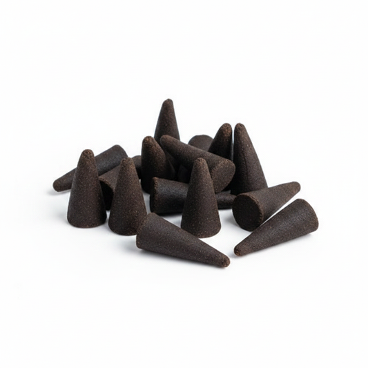 Palo Santo hand-dipped incense cones arranged on a white background