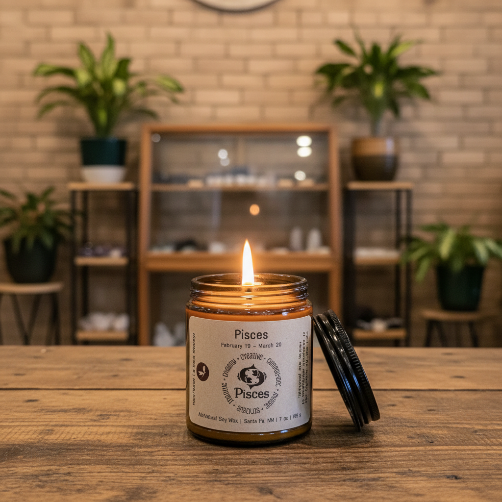 Lit Pisces Zodiac Candle styled in a calm lifestyle setting