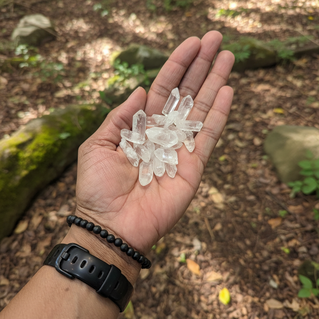 Polished Clear Quartz Points .5" - 1.5" displayed in a calm lifestyle setting for scale and styling inspiration.