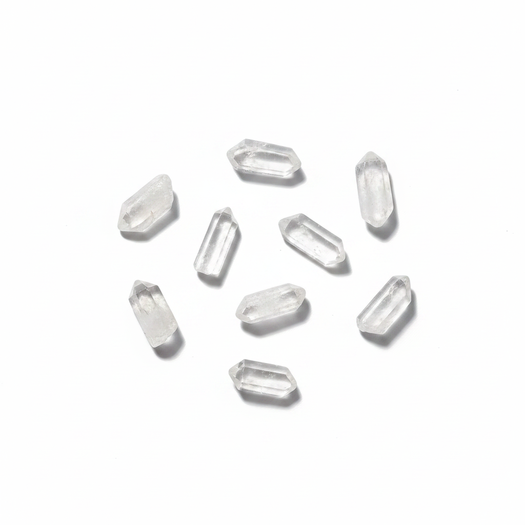 Polished Clear Quartz Points .5" - 1.5" shown clearly on a clean white background, highlighting its color, shape, and natural variation.