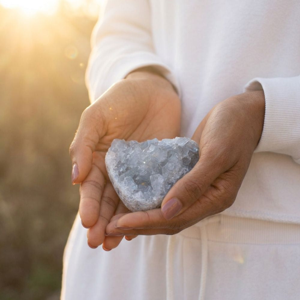 Woman holding a blue celestite cluster with a morning light glow in the background.