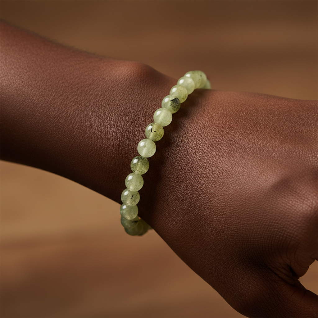 Prehnite 8mm bracelet styled in a calm lifestyle setting for everyday wear
