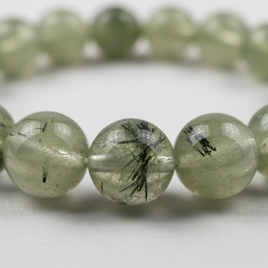 Close-up of translucent green Prehnite 8mm beads showing natural inclusions and variation