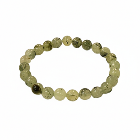 Natural Prehnite 8mm stretch bracelet with soft green beads on a white background