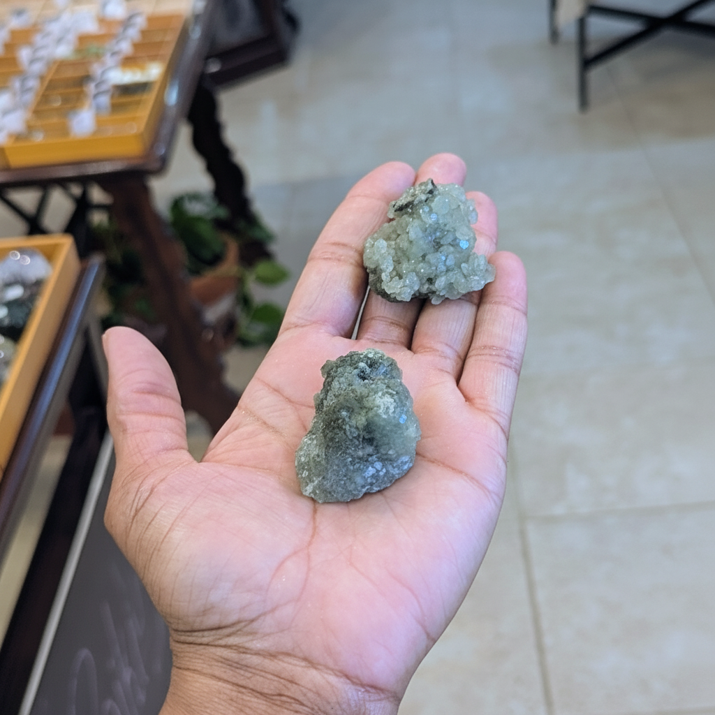 Natural pale green Prehnite clusters, approximately 1–3 inches held in hand to show approximate scale