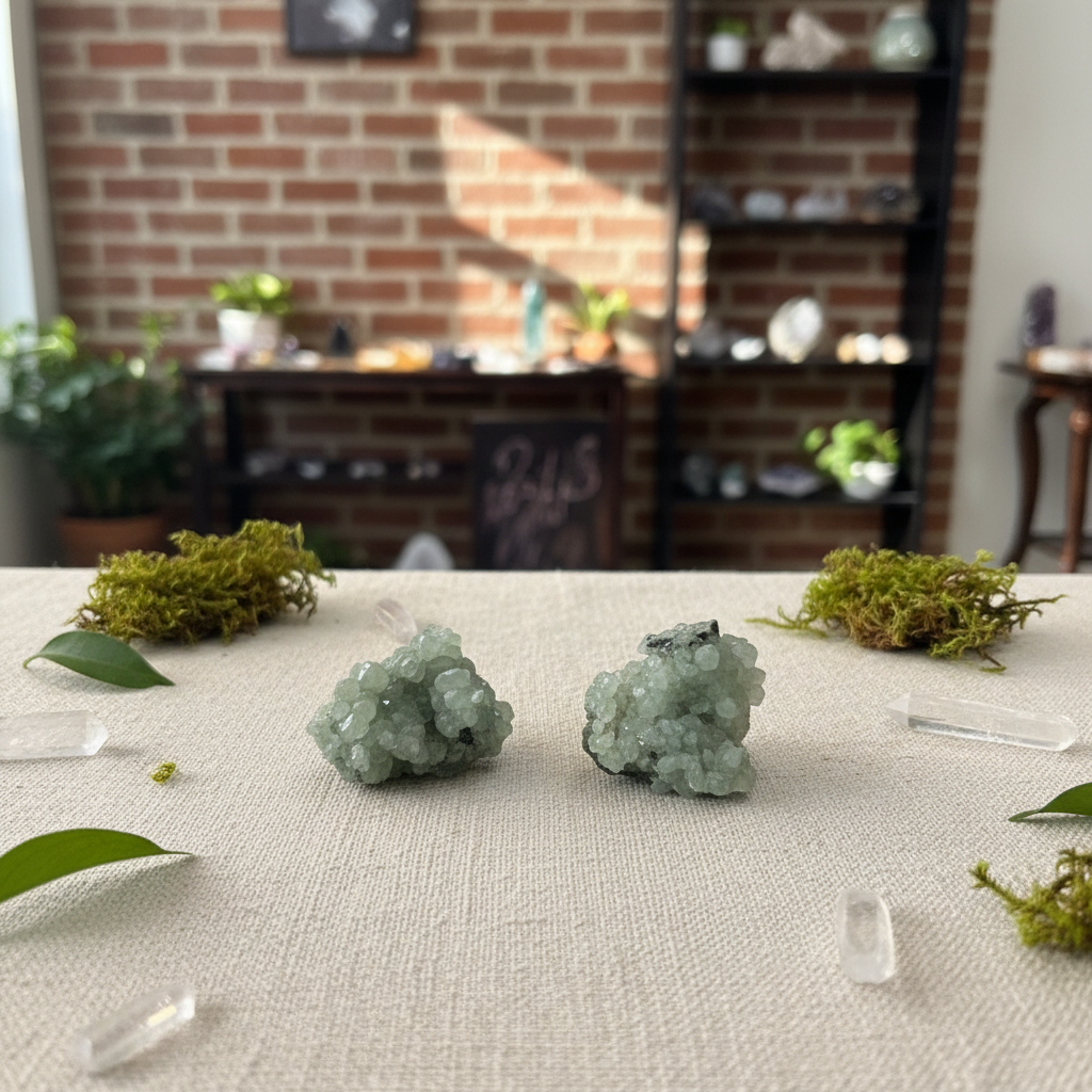 Natural pale green Prehnite clusters, approximately 1–3 inches displayed in a calm styled setting