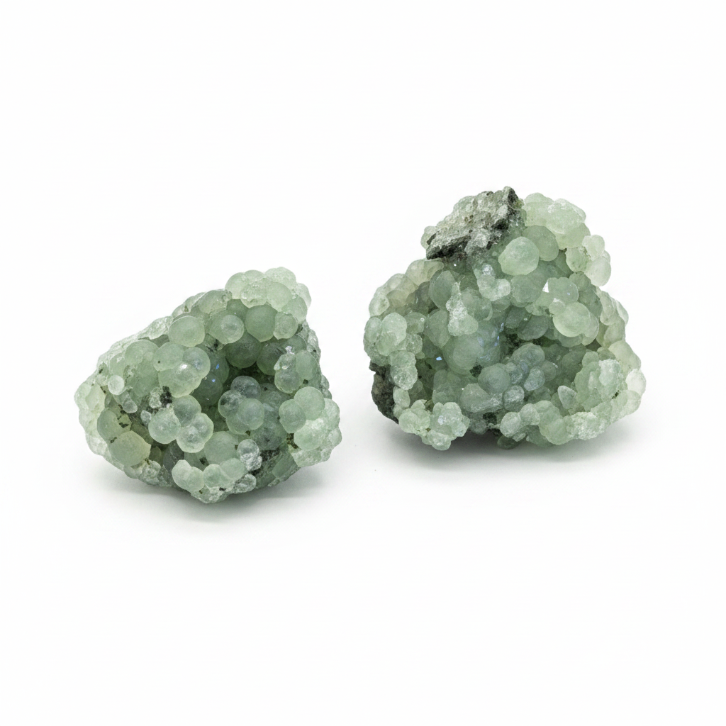 Natural pale green Prehnite clusters, approximately 1–3 inches on a clean light background