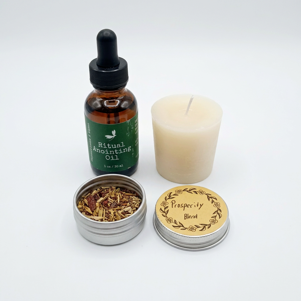 Prosperity Ritual Kit with candle, anointing oil, botanical blend, ritual card, and organza pouch