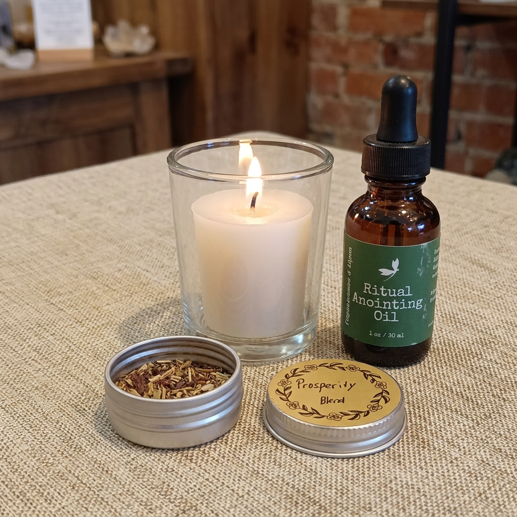 Prosperity Ritual Kit arranged with the candle lit in a glass votive holder