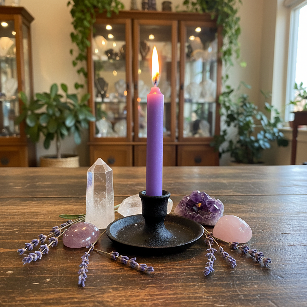 Purple 4-inch ritual chime candle displayed in a black cast iron holder