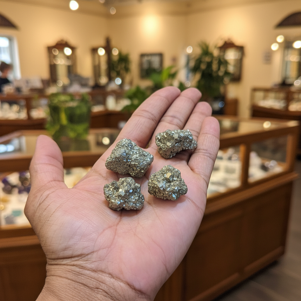Pyrite (Iron) .75" - 1.5" natural crystal held in hand to show approximate scale