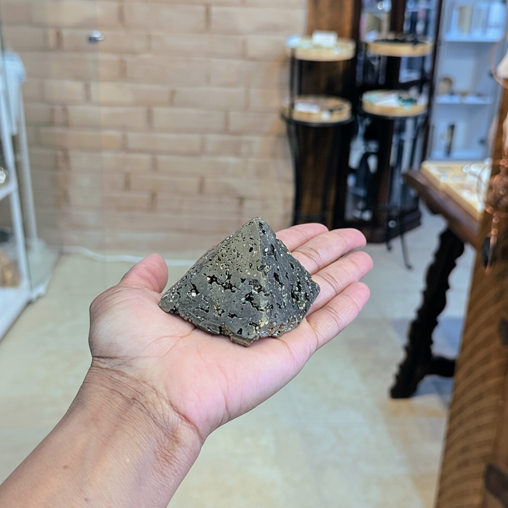 Natural metallic Pyrite geode pyramid with 2.5-inch base held in hand to show approximate scale